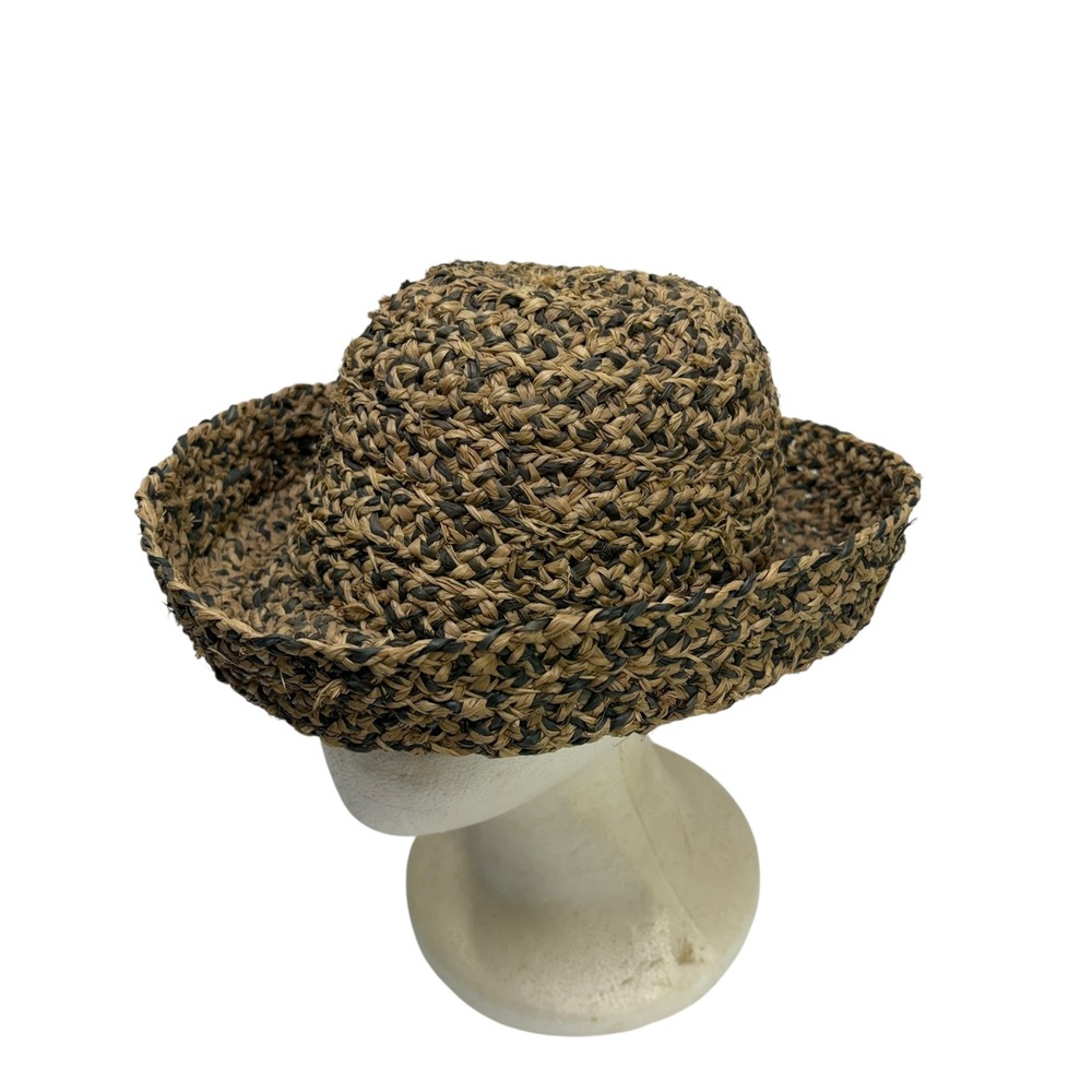 Woven‎ Straw Sun Hat Brown Black Marled Roll Brim Cloche Boho Beach Women
